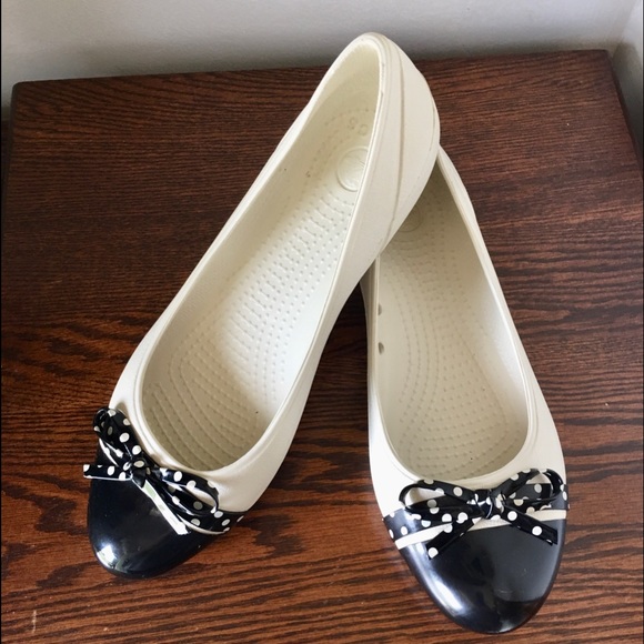 CROCS Shoes - CROCS CAP TOE POLKA DOT BOW BALLET FLAT CREAM and BLACK